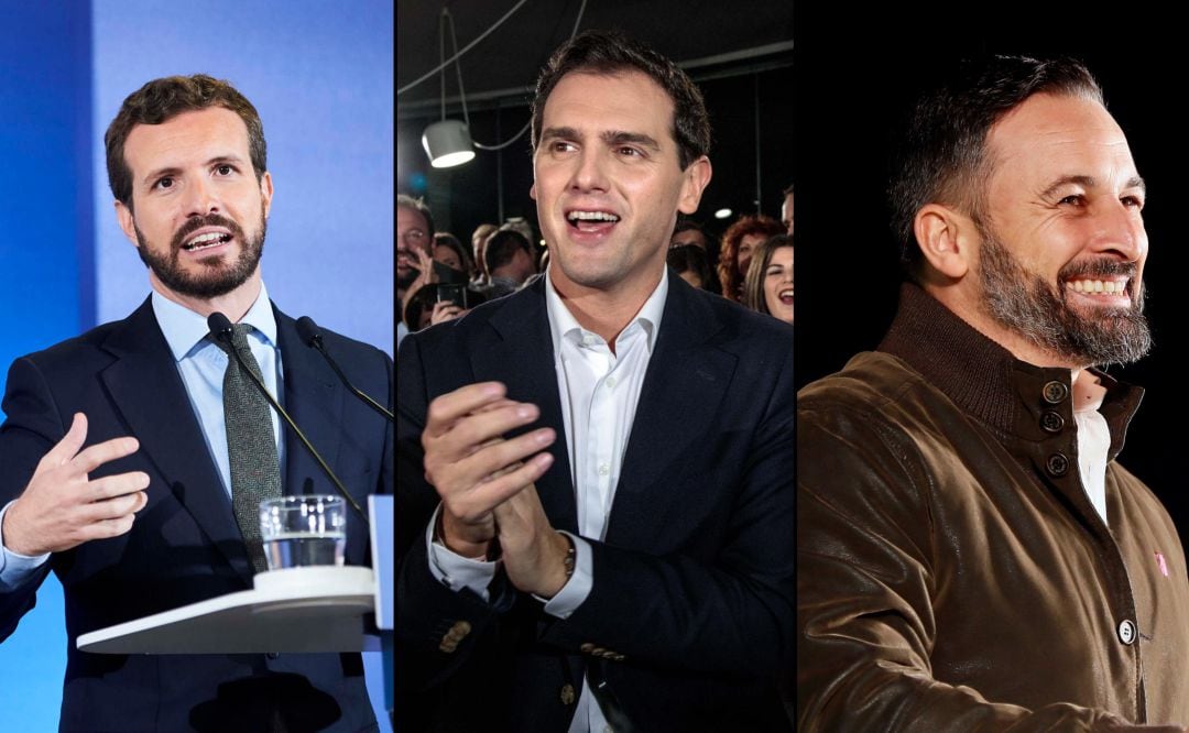 El líder del PP, Pablo Casado, Albert Rivera, de Ciudadanos y Santiago Abascal, de Vox