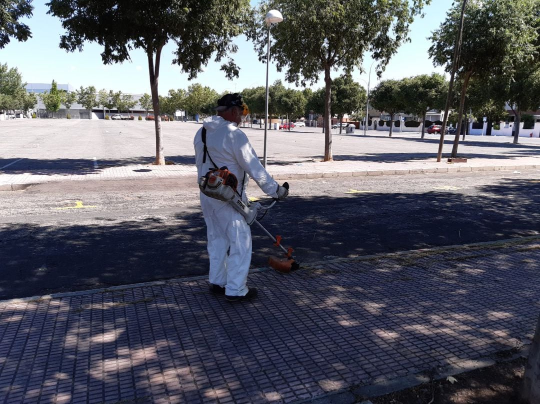 Desinfectando la zona del mercadillo que se abre este sábado en la capital