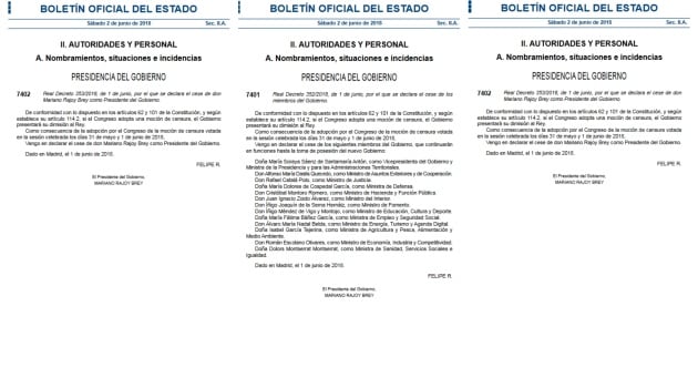 Los tres decretos publicados este sábado: el nombramiento de Sánchez y el cese de Rajoy y sus ministros.