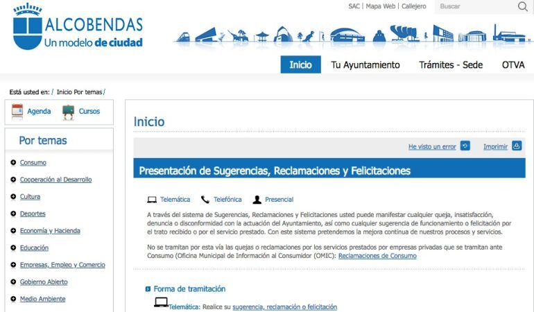 A través de la página web municipal los usuarios y vecinos pueden hacer también sus reclamaciones, sugerencias y felicitaciones
