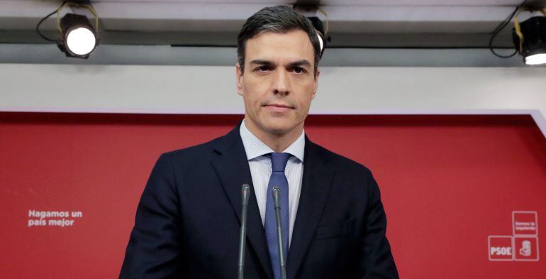 El secretario general del PSOE, Pedro Sánchez, durante la rueda de prensa tras la reunión de la Ejecutiva Federal del partido, en la sede de Ferraz, mientras el grupo socialista ha registrado en el Congreso la moción de censura contra el presidente del Go