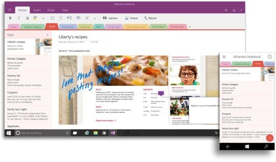 Captura de pantalla de OneNote 2016 en tablet y móvil