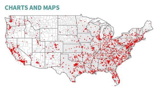 Mapa de concentración de sucesos con armas de fuego en los Estados Unidos.