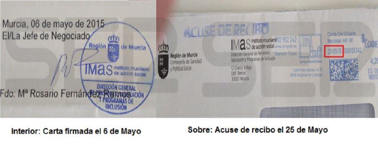 En la imagen, el interior de la carta y el exterior. Las dos fechas no coinciden. Se firmó el 6 de mayo y se envió 19 días después