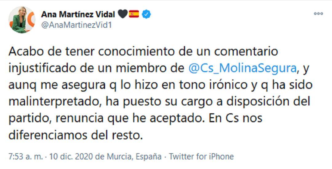 En twitter, la coordinadora autonómica de Cs, Ana Martínez Vidal, ha aceptado la renuncia de Eva García