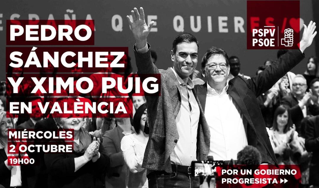 Cartel del mítin de Pedro Sánchez en València el 2 de octubre