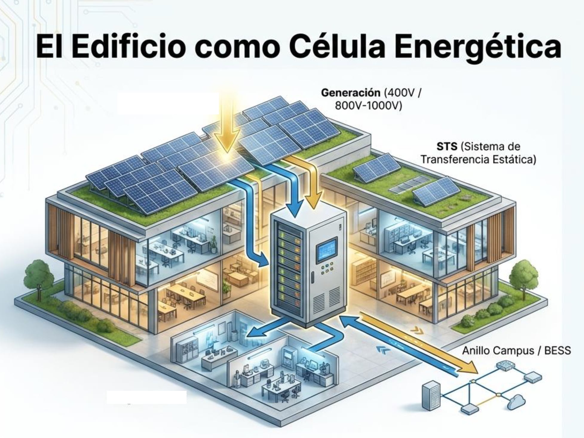 Este sistema de baterías no solo almacena energía, sino que actúa con tecnología “Grid-Forming”, funcionando como el elemento maestro que establece la referencia de tensión y frecuencia para todo el campus. De este modo, garantiza la estabilidad del sistema al absorber los picos de generación y ofrecer una resiliencia total frente a posibles perturbaciones de la red externa.