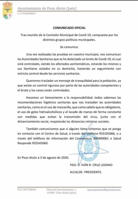 Comunicado del Ayuntamiento de Pozo Alcón