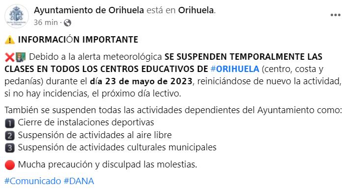 Información del Ayuntamiento de Orihuela a través de su Facebook