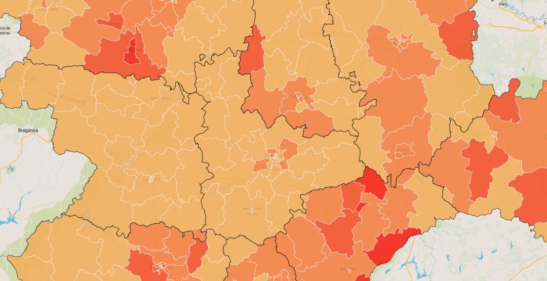 Porcentaje de personas enfermas por número de tarjetas sanitarias en cada zona básica de salud. El porcentaje es mayor si la intensidad del color también lo es