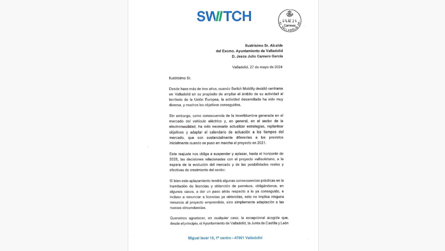 Carta de Switch Mobility al alcalde de Valladolid, Jesús Julio Carnero