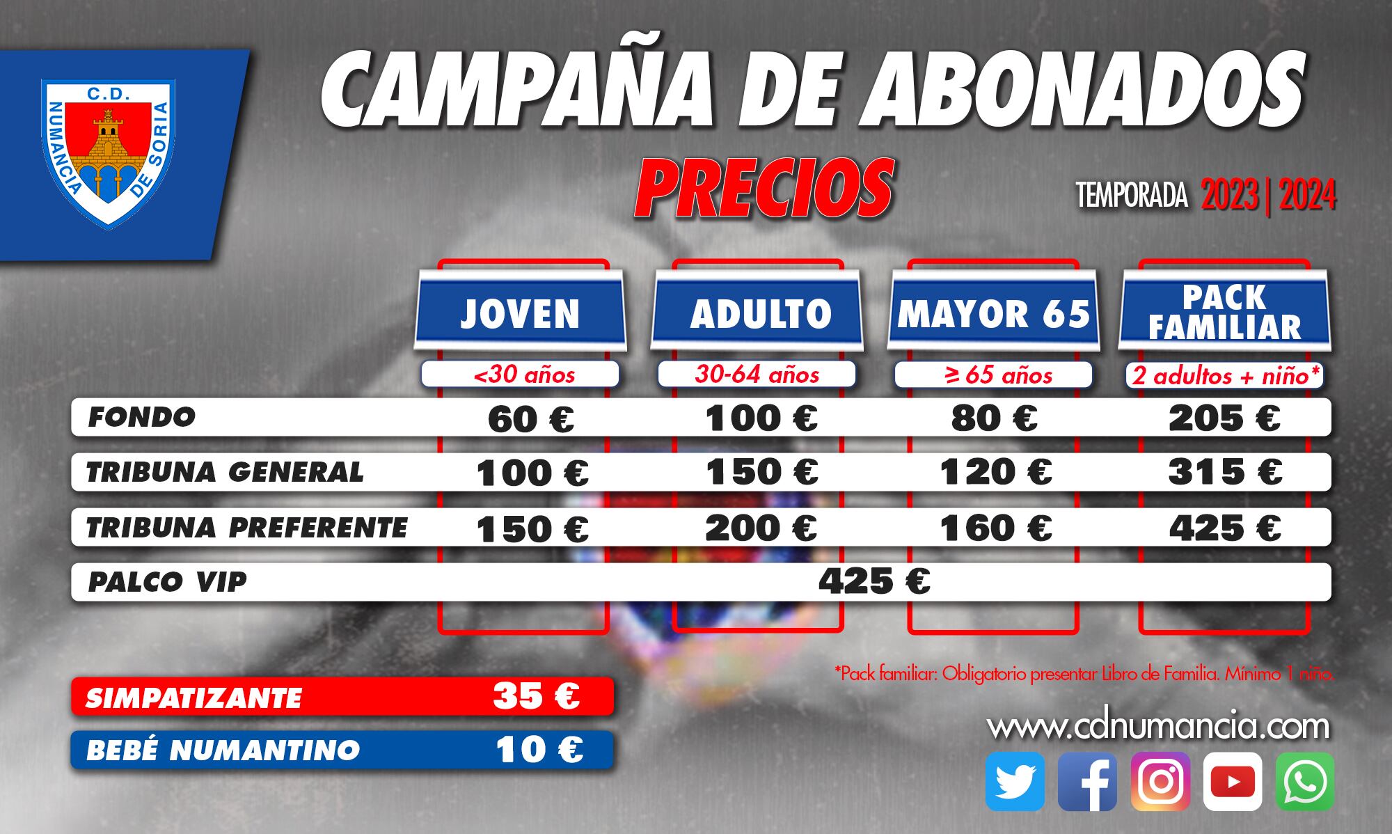 Tabla de precio de abonos para el Numancia 23-24.