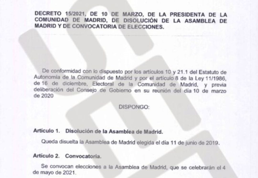 Imagen del decreto que resuelve la disolución de la Asamblea de Madrid.