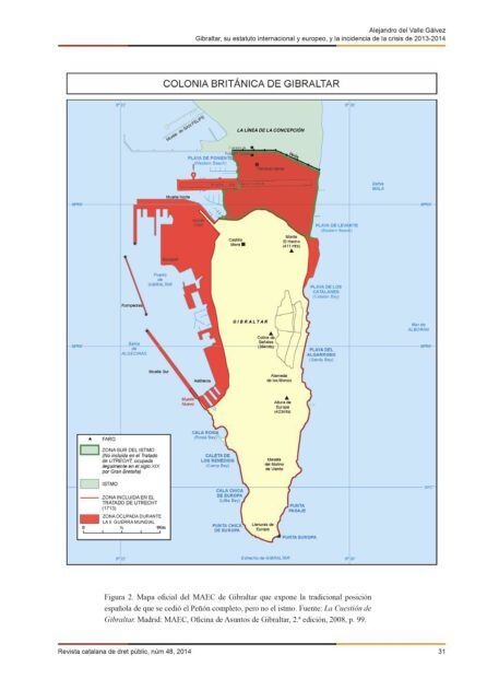 Mapa del MAEX que recoge la tradicional posición española de que se cedió el Peñón completo pero no el istmo