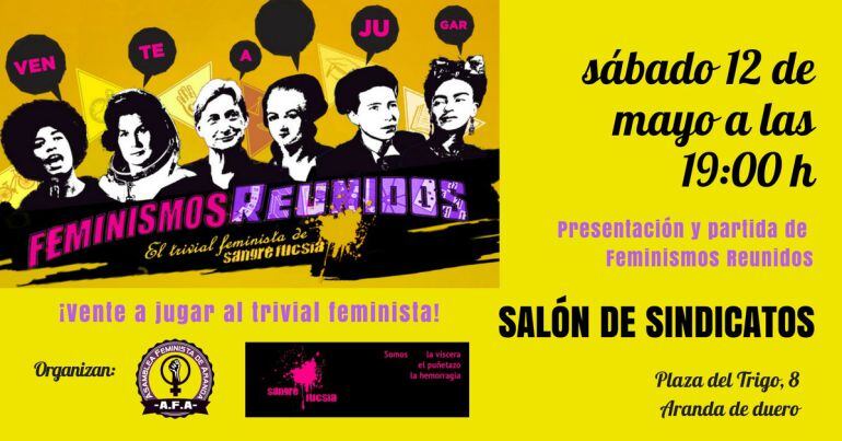 Cartel de la convocatoria para jugar a "Feminismos Reunidos" en Aranda