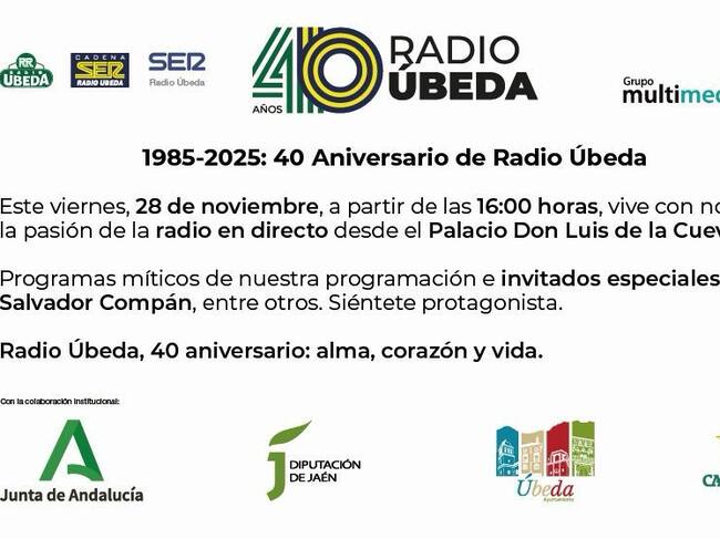 Invitación al programa especial en vivo de Radio Úbeda por su 40 Aniversario