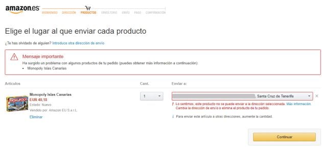 Mensaje que aparece cuando se trata de comprar el Monopoly desde Canarias