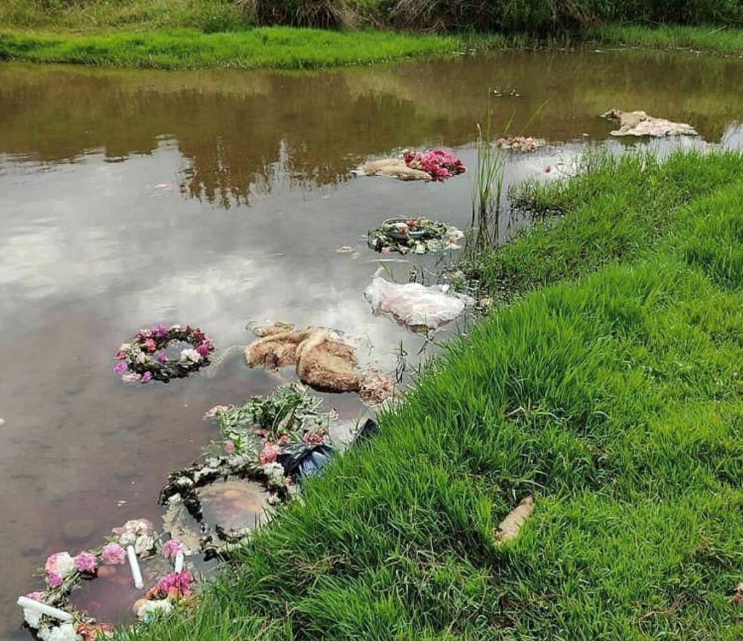 Así ha aparecido la orilla del río Viar, en Cantillana, con restos de lo que parece un macabro ritual. 