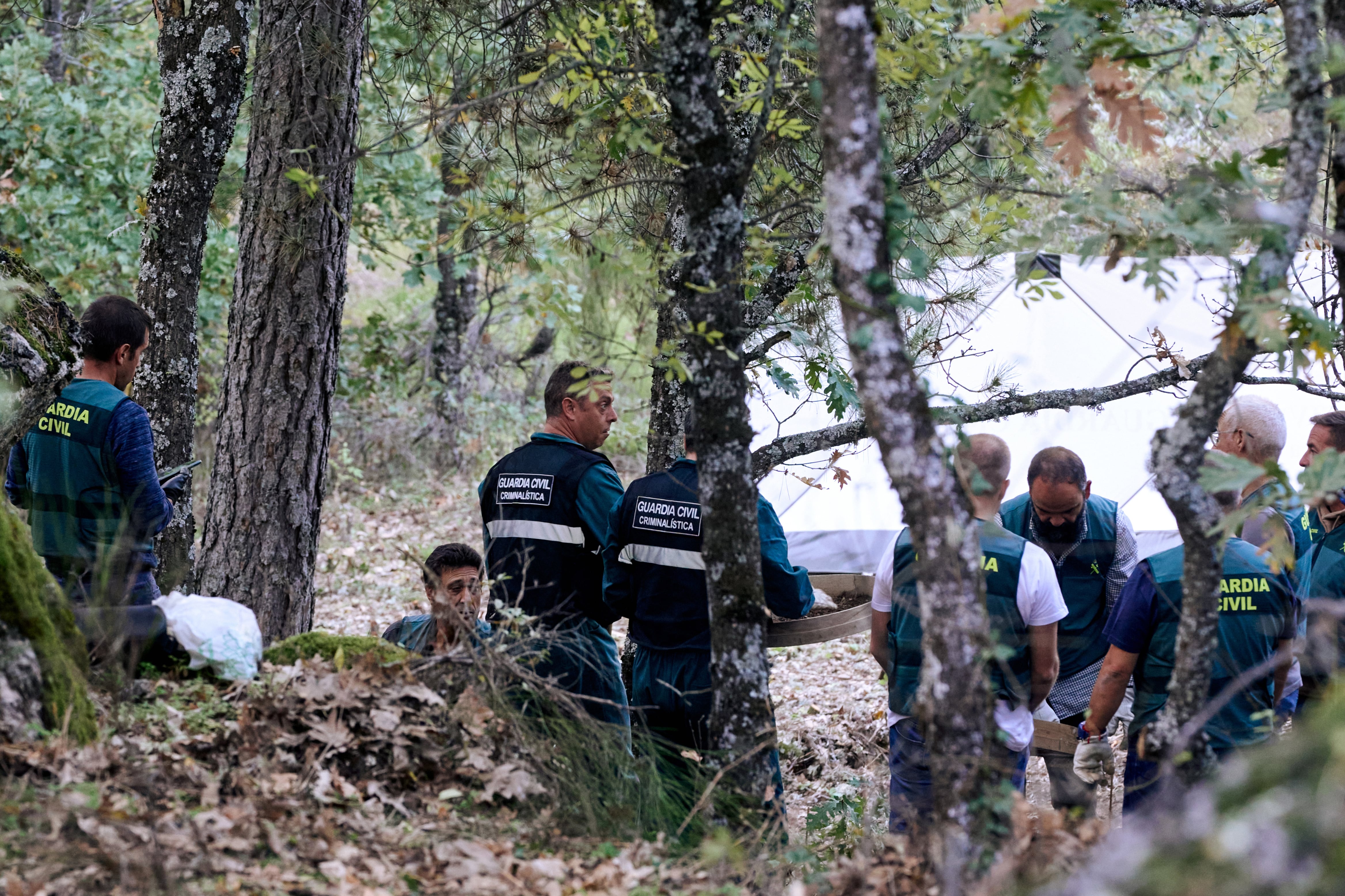 Agentes de la Guardia Civil y de Policía Nacional baten el terreno donde aparecieron restos de Juana Canal, en la zona de Navalacruz (Ávila), en busca de pistas 