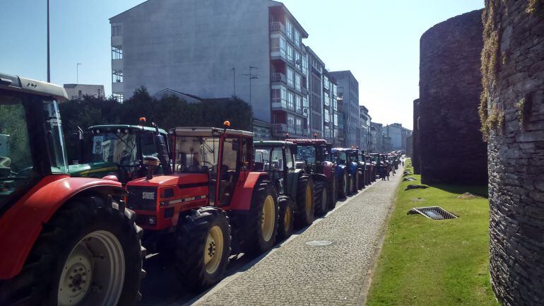 Tractorada alrededor de la Muralla de Lugo en protesta por los bajos precios de la leche.