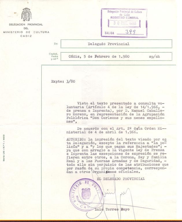 Documento por el que fue censurada una letra de la chirigota Don Corleone y sus nenes empollones