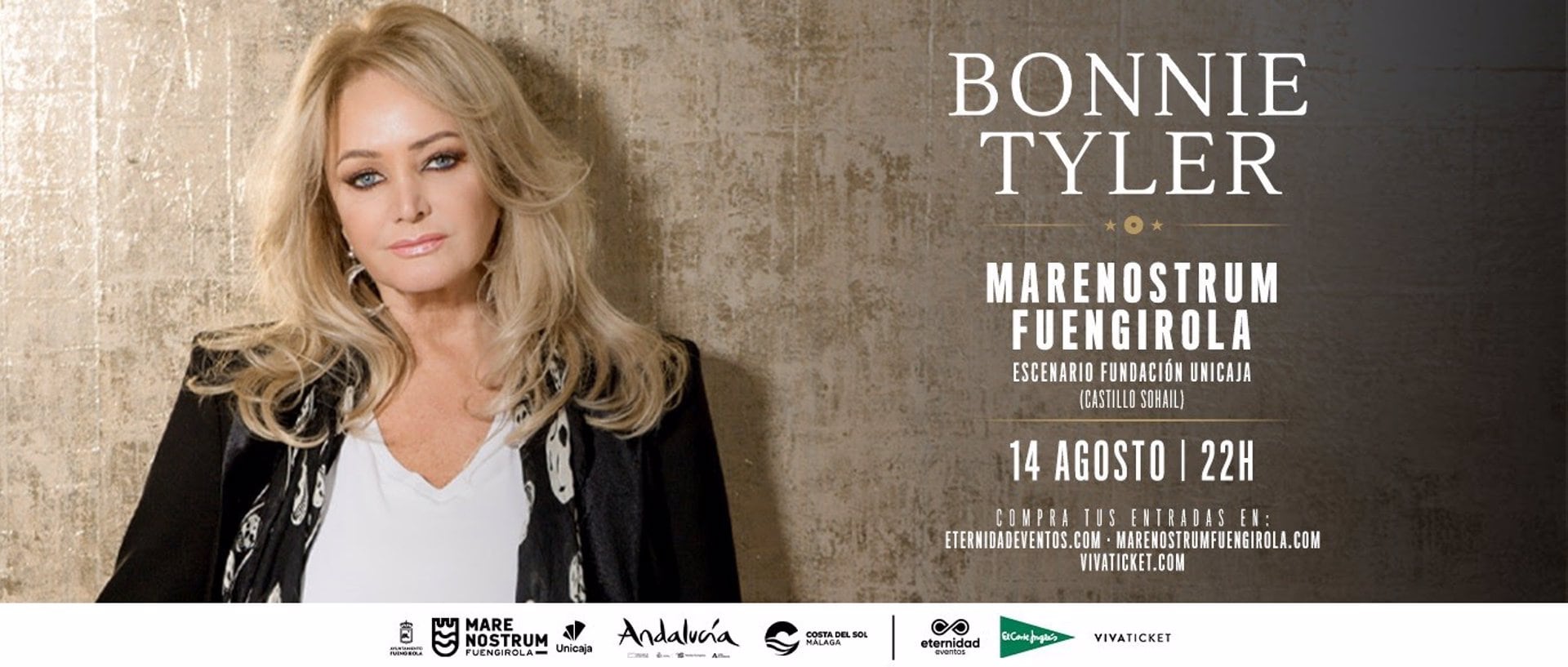 Cartel anunciador de la actuación de Bonnie Tyler en Marenostrum Fuengirola el 14 de agosto de 2025