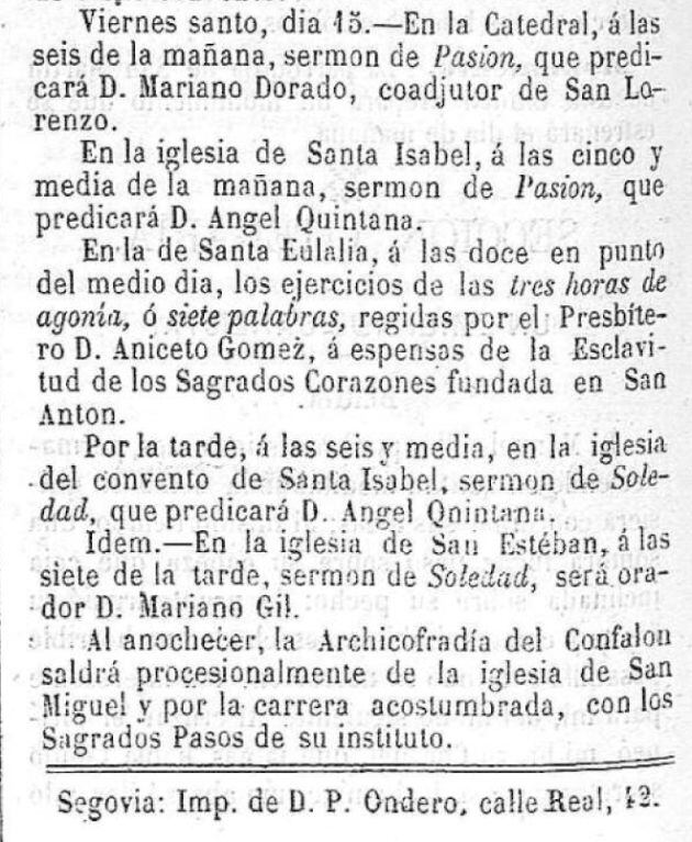 Recorte de la publicación &quot;EL AMIGO DEL VERDADERO DEL PUEBLO&quot; con la programacion de la Semana Santa de Segovia 1870