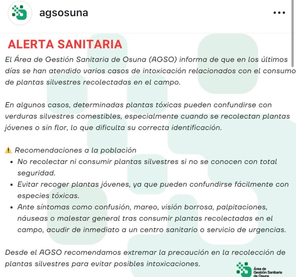 Recomendaciones del hospital La Merced de Osuna sobre las plantas silvestres.