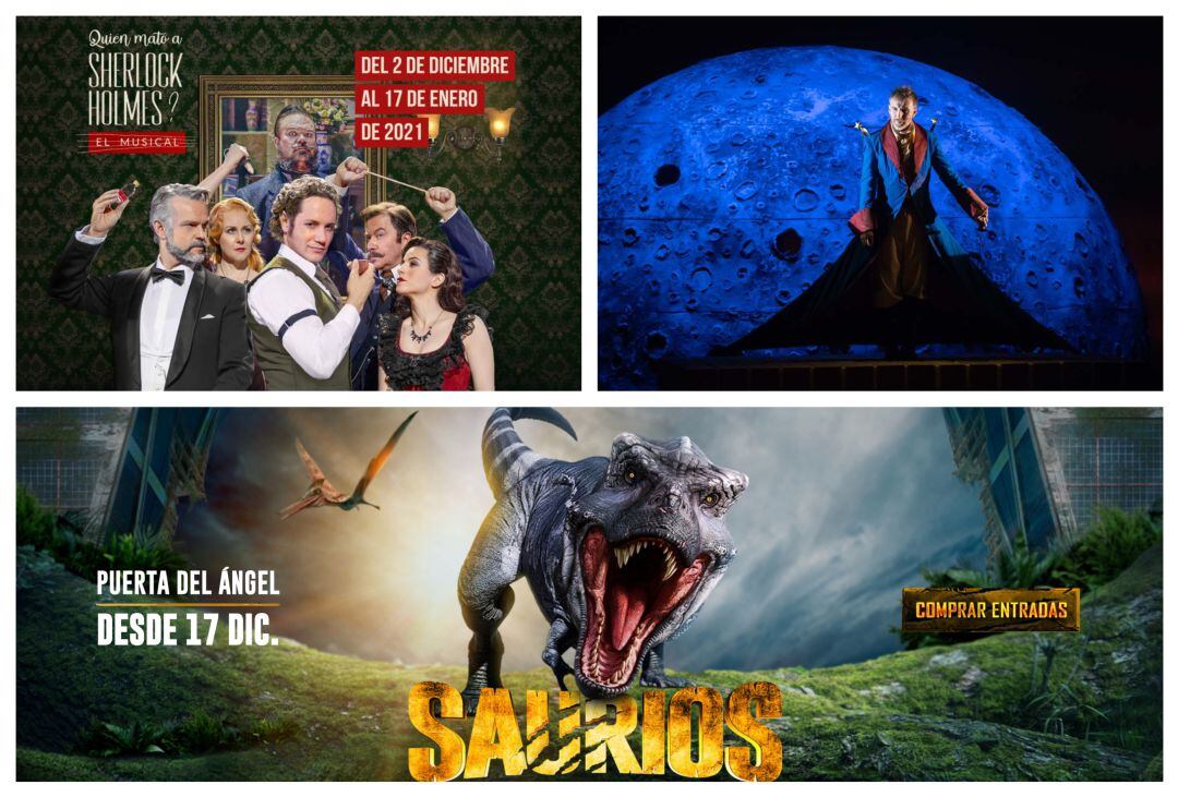 Carteles de los musicales 'Antoine', '¿Quién mató a Sherlock Holmes?' y la exposición 'Saurios'