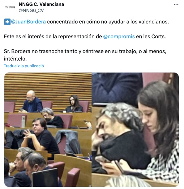 Tuit publicado por las Nuevas Generaciones del PP de la Comunitat Valenciana acusando a Juan Bordera de dormirse en el pleno de Les Corts.