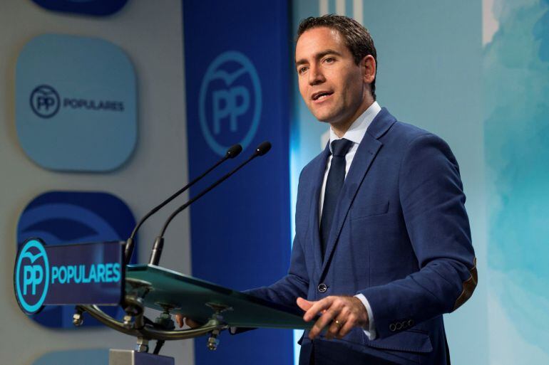 El secretario general del Partido Popular, Teodoro García Egea, durante la rueda de prensa ofrecida este lunes tras la reunión del Comité de Dirección del partido.