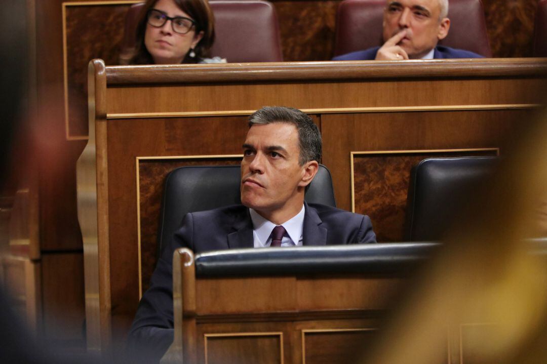 El presidente del Gobierno en funciones, Pedro Sánchez, durante el Pleno extraordinario en el Congreso para tratar la gestión del &#039;Open Arms&#039;. 