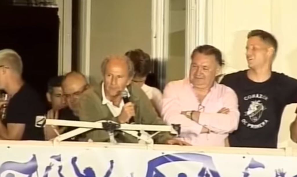 Petón y Lasaosa en la celebración del primer ascenso a Primera División en 2018