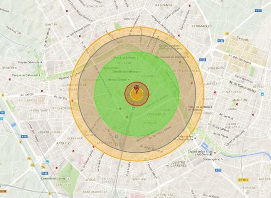 Radio de destrucción si hubiera caído la bomba atómica de Hiroshima sobre Valencia.