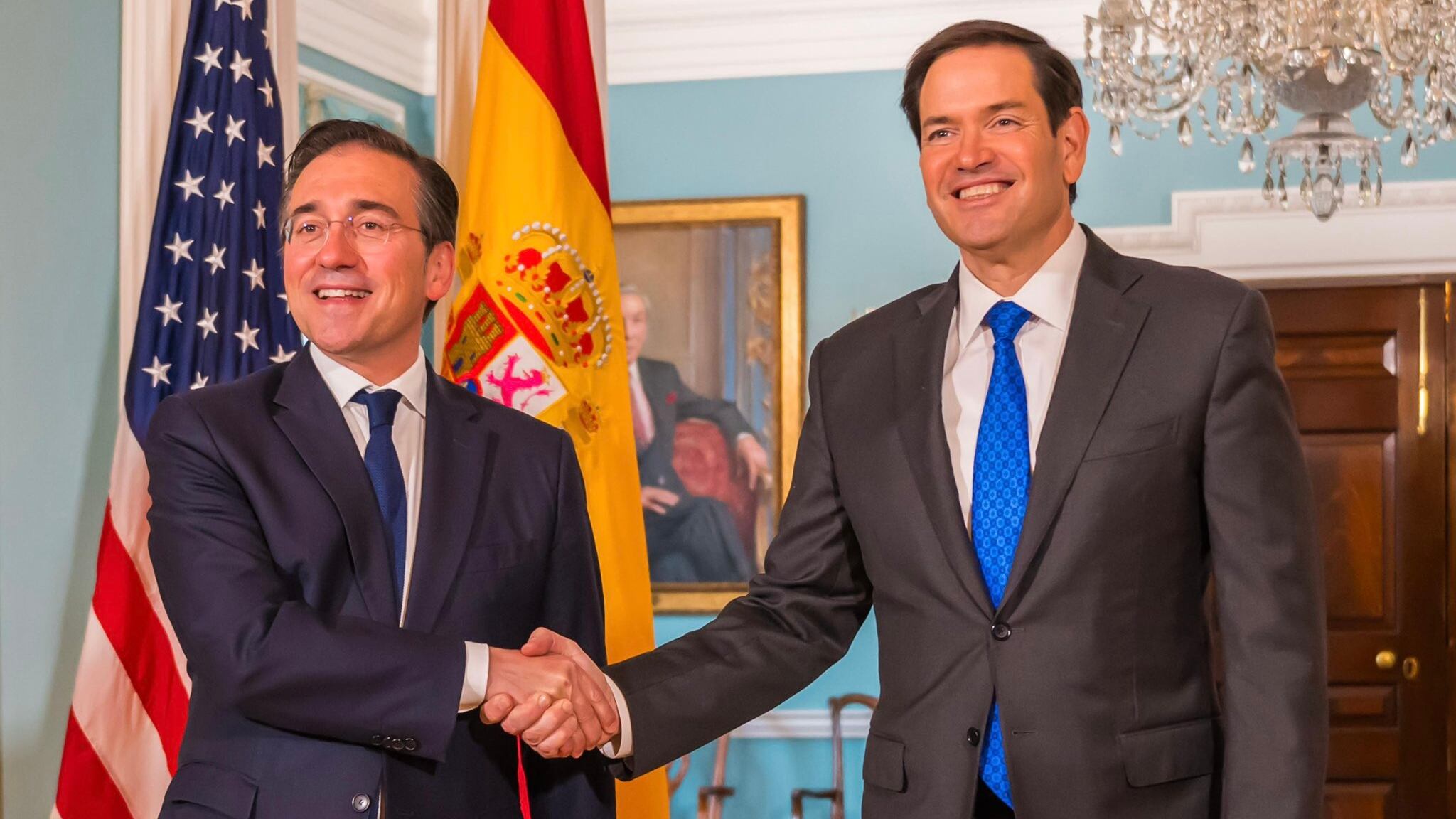 El ministro de Exteriores español, José Manuel Albares, y el secretario de Estado estadounidense, Marco Rubio, tras su reunión en Washington este jueves. (Imagen publicada por el ministro de Exteriores)