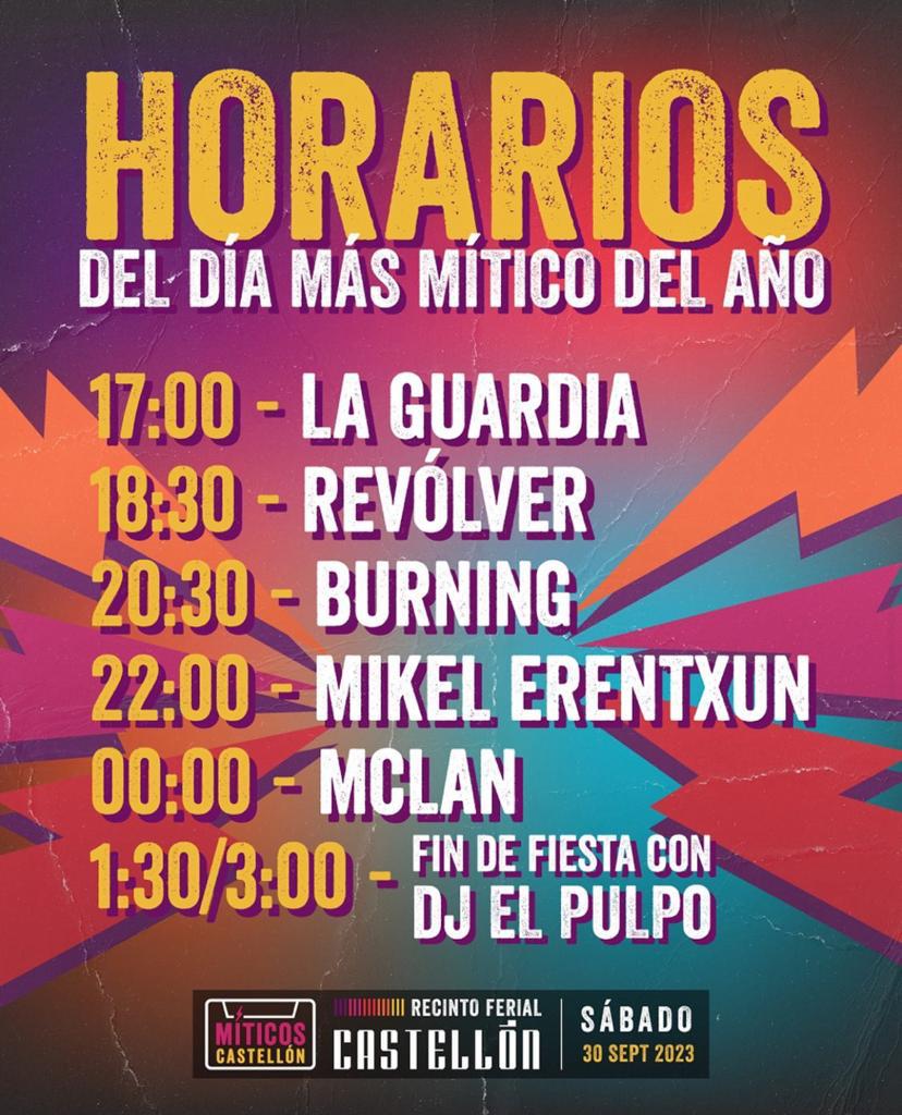 Cartel con el horario de los conciertos del Festival Míticos Castellón 2023