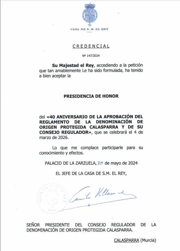 Credencial de la presidencia de Honor de la DO Arroz de Calasparra