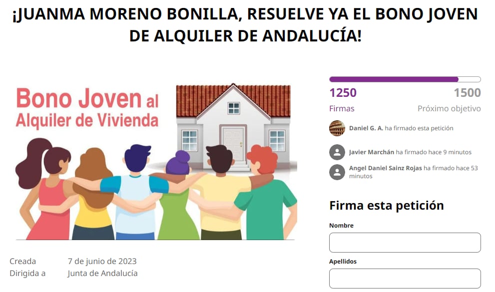 Campaña de recogida de firmas por el retraso del bono de alquiler joven.