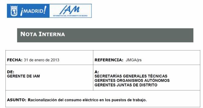 Nota interna del Ayuntamiento de Madrid sobre el gasto energético