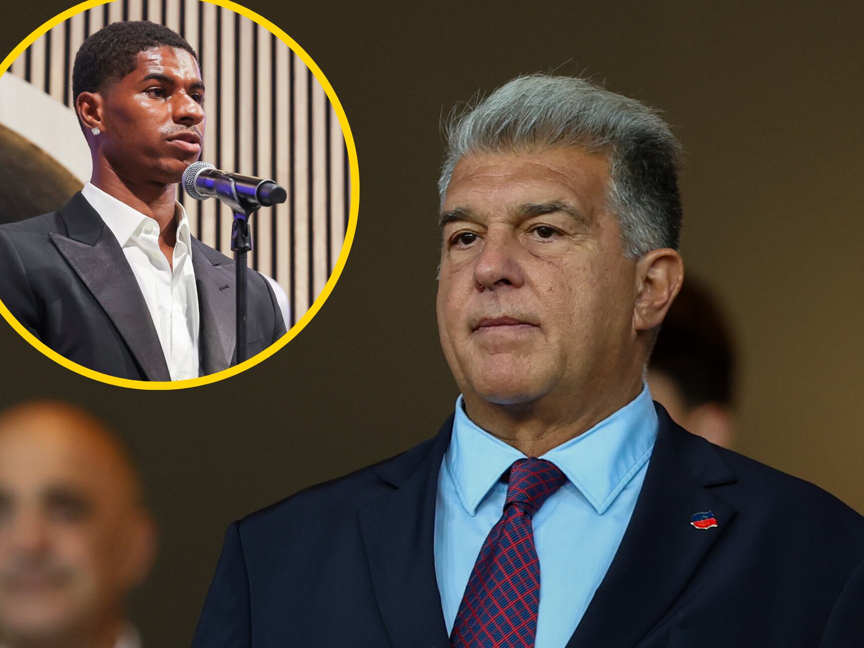 En un montaje, Joan Laporta junto a Marcus Rashford en su presentación