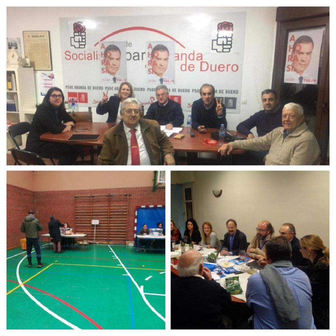 Arriba, miembros del PSOE de Aranda en su sede durante la noche electoral. Abajo derecha imagen de las votaciones de la jornada. Abajo izquierda miembros del PP de Aranda en su sede tras el escrutinio