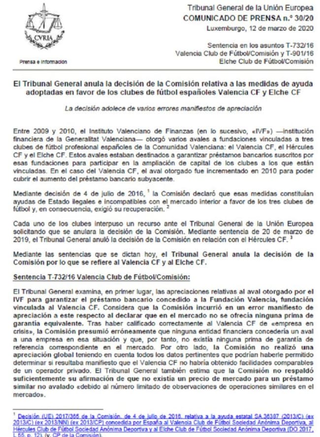 Sentencia del Tribunal General anulando la 'multa' al Valencia