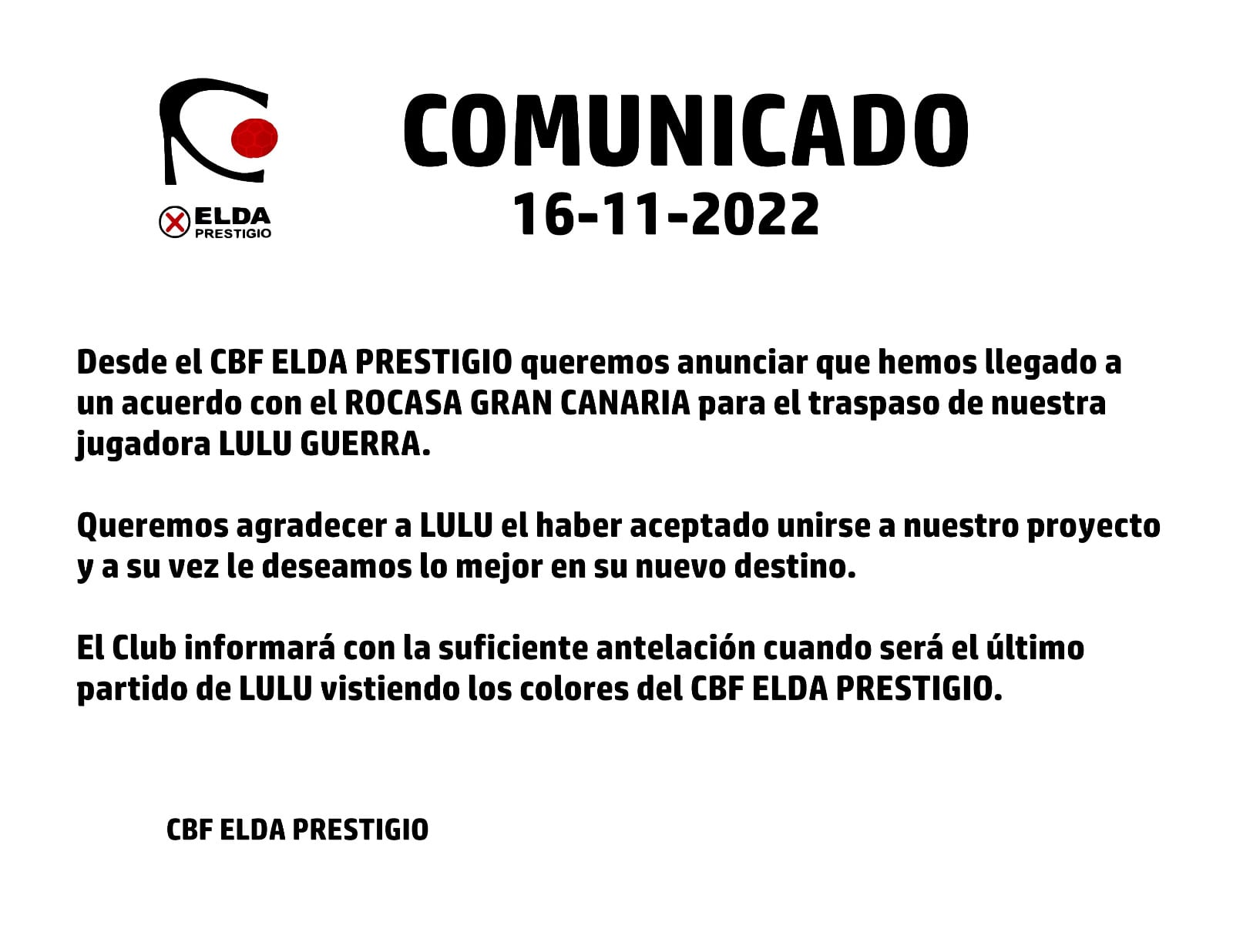 Comunicado del Elda Prestigio anunciando la baja de la portera canaria