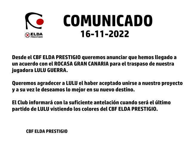 Comunicado del Elda Prestigio anunciando la baja de la portera canaria