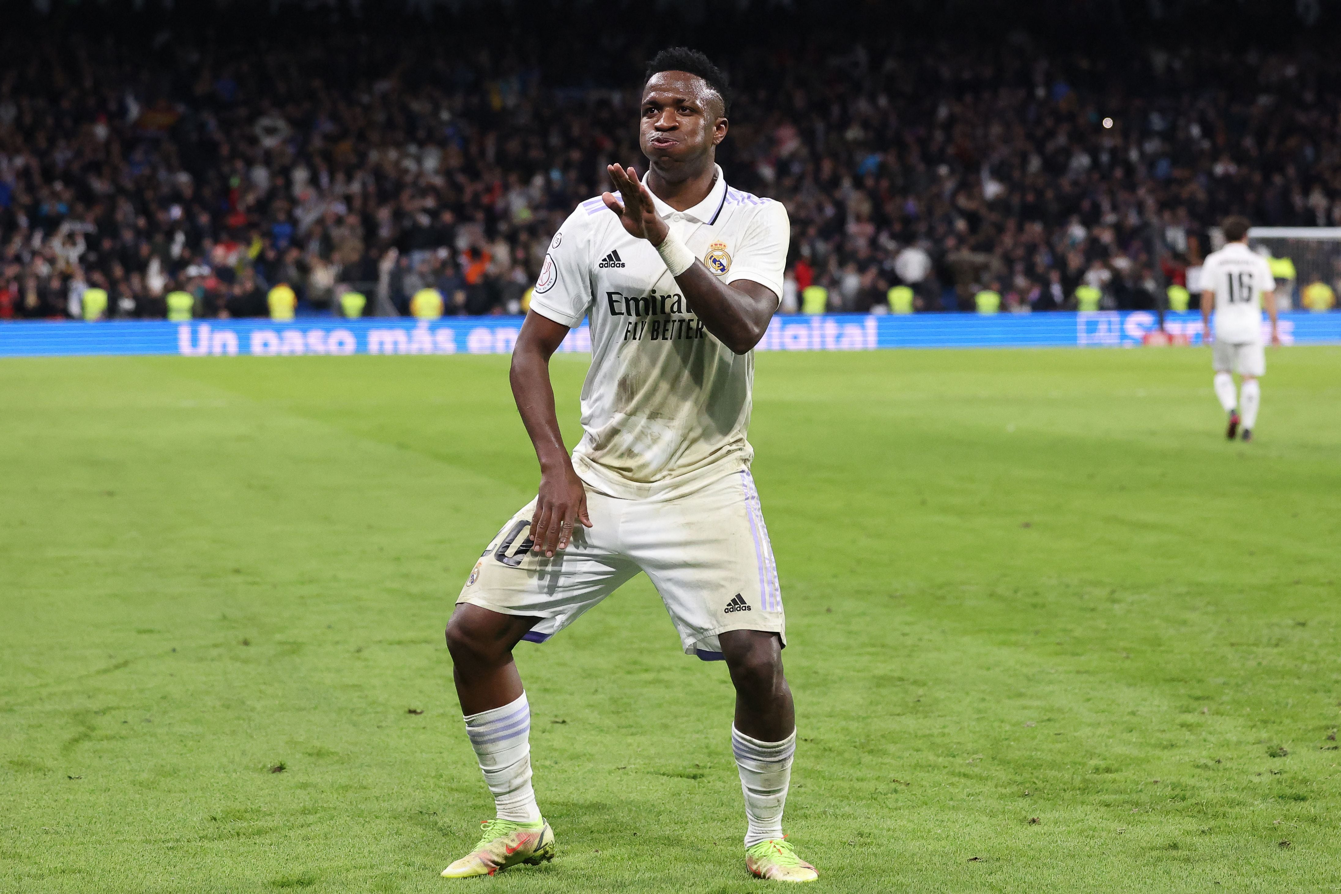 Vinicius celebra un gol el pasado 26 de enero, en la Copa, contra el Atlético de Madrid.