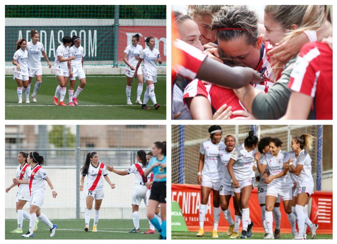 De izquierda a derecha y de arriba a abajo, los cuatro equipos madrileños de primera división: el Real Madrid, el Atlético de Madrid, el Rayo Vallecano y el Madrid CCF.