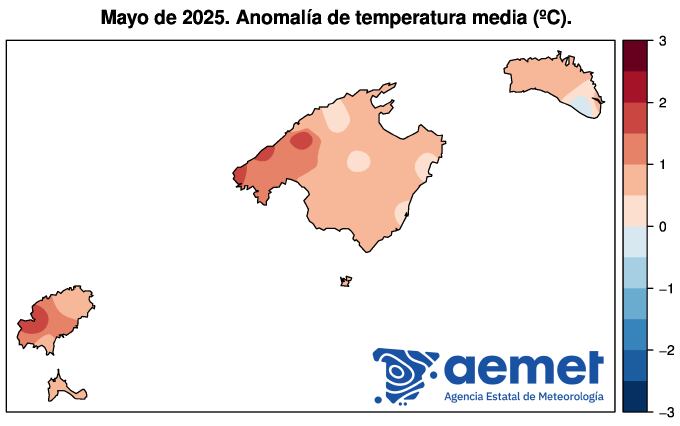 Mapa de la AEMET con la anomalía en los termómetros en mayo