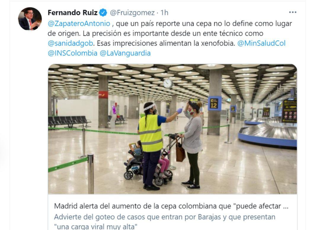 Imagen del tuit del ministro de salud del país sudamericano respondiendo al viceconsejero madrileño.