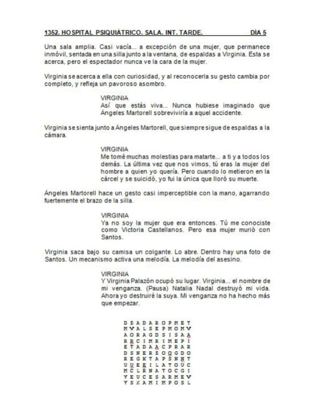 Última página del guion de la T1. Sopa de letras con pistas de la T2 para los actores