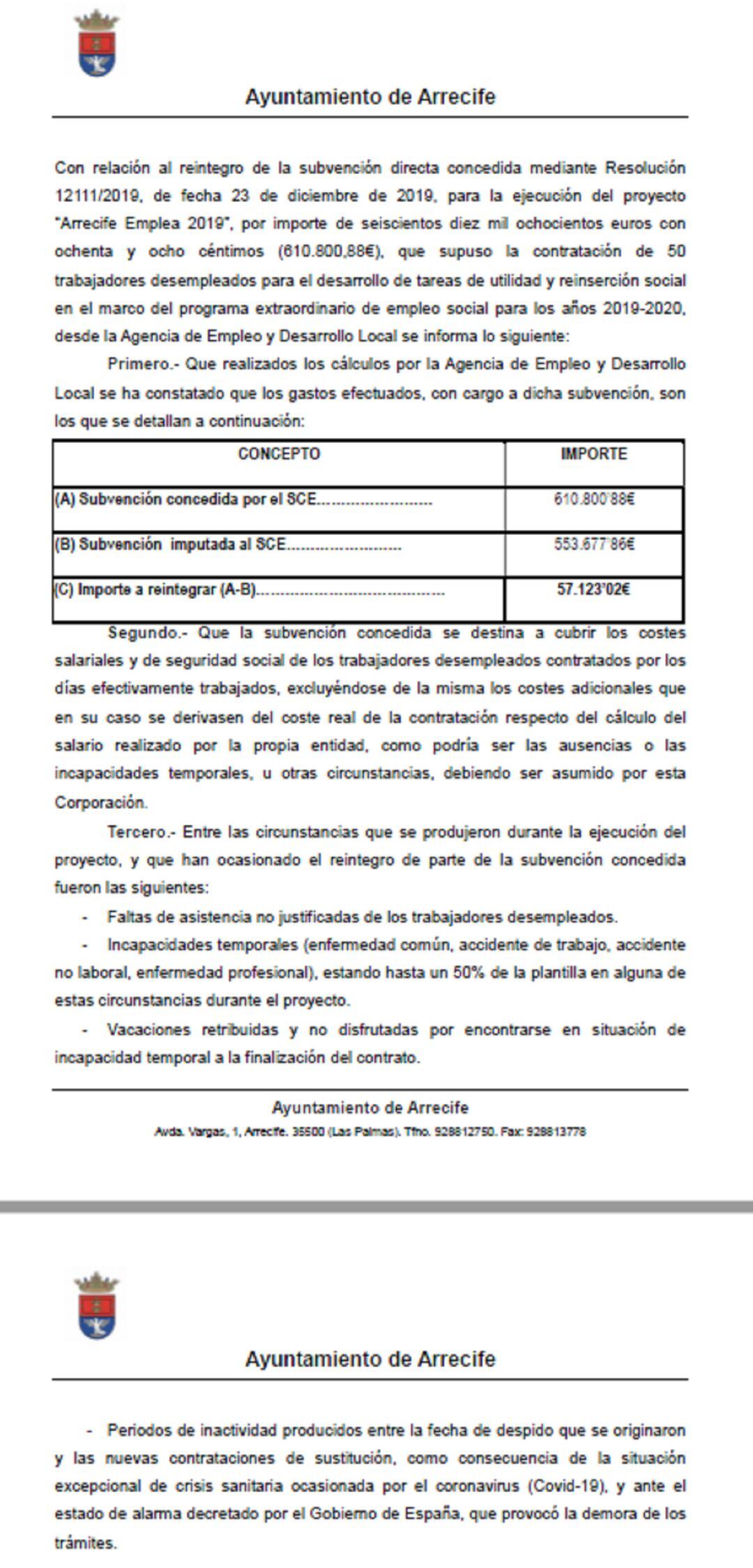 Arrecife aporta el certificado de los técnicos de la Agencia de Desarrollo Local para acreditar la correcta utilización de la subvención destinada a contratación de parados de larga duración. 